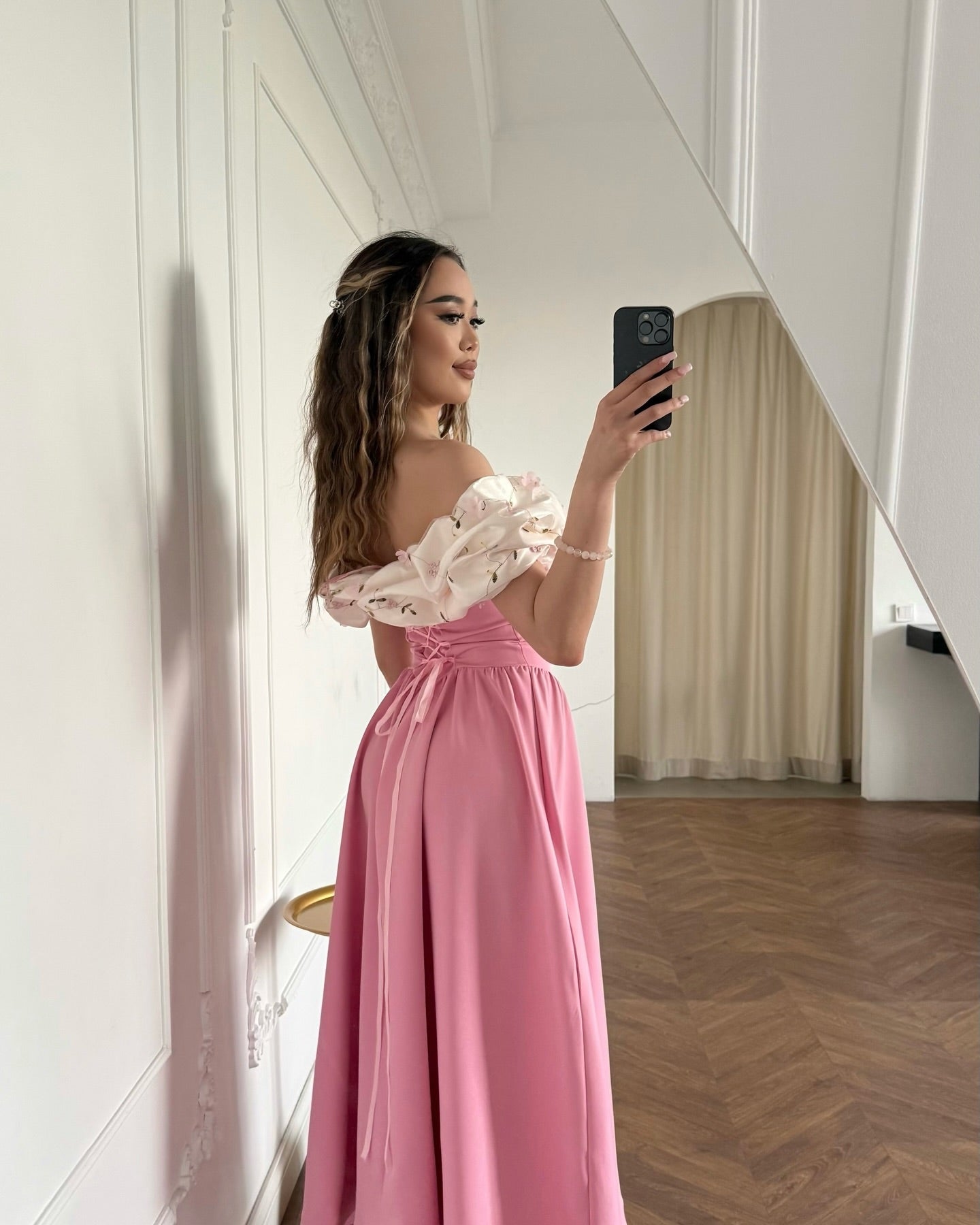 Off-the-Shoulder Corset Midi Dress with Floral Ruffle