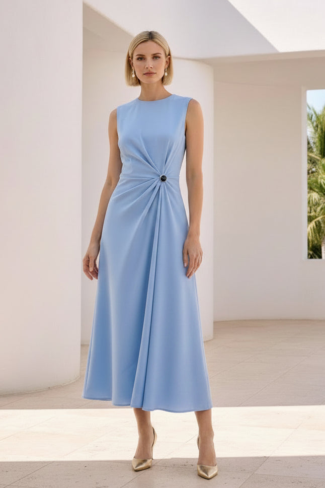 Sleeveless Pleated A-Line Midi Dress with Button Detail