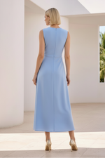 Sleeveless Pleated A-Line Midi Dress with Button Detail
