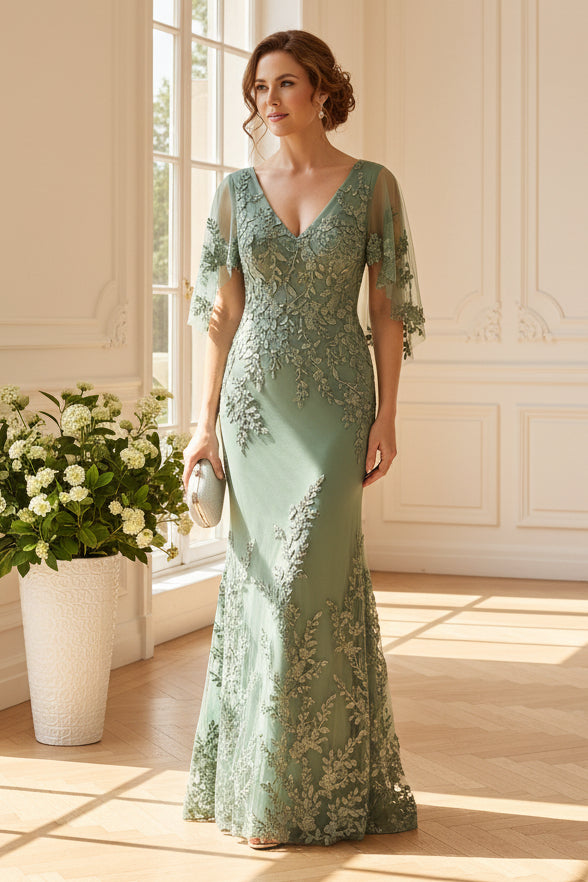 Lace Applique V-Neck Flutter Sleeve Gown