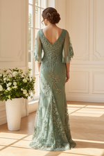 Lace Applique V-Neck Flutter Sleeve Gown
