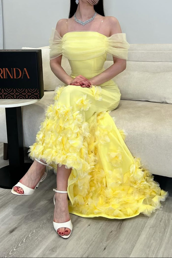 Off-Shoulder 3D Floral A-Line Gown