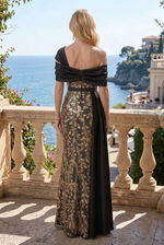 Sequined One-Shoulder Gown with Side Drape