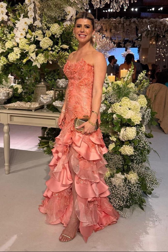 Strapless 3D Floral Tiered Ruffle Evening Gown