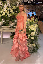 Strapless 3D Floral Tiered Ruffle Evening Gown