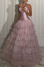 Halter Neck Tiered Fringe Floor-Length Gown