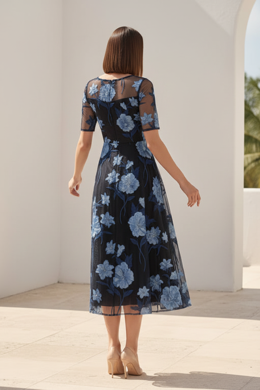 Floral Embroidered Illusion Midi A-Line Dress
