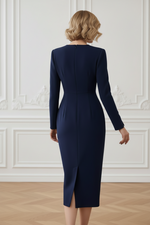 Pleated Surplice Long Sleeve Midi Sheath Dress