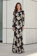 Long Sleeve Floral Sequin Trumpet Evening Gown