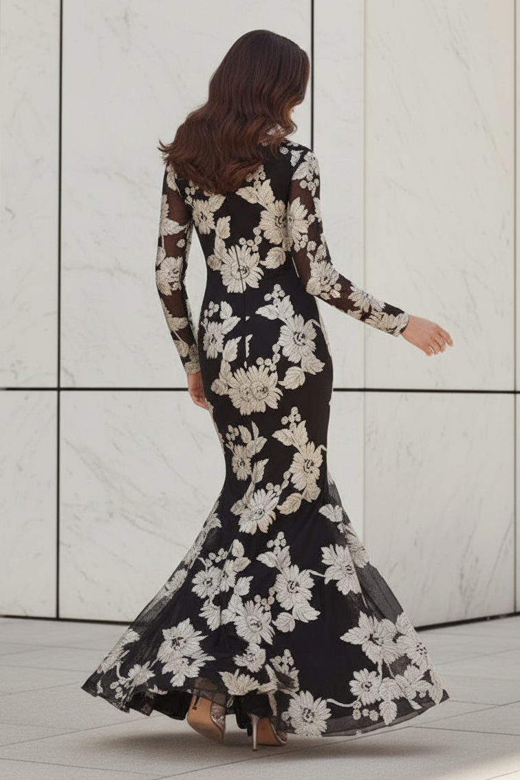 Long Sleeve Floral Sequin Trumpet Evening Gown