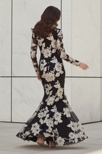 Long Sleeve Floral Sequin Trumpet Evening Gown