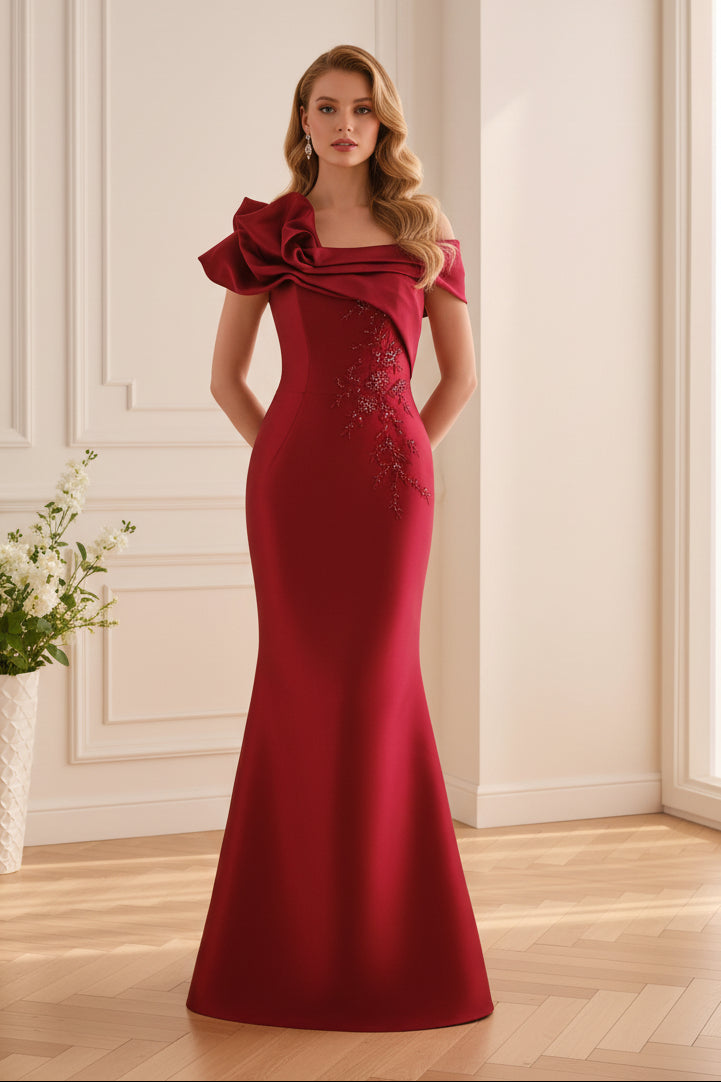 Rosette Off-Shoulder Embroidered Mermaid Gown