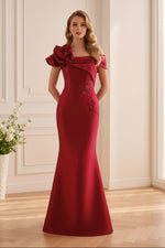 Rosette Off-Shoulder Embroidered Mermaid Gown