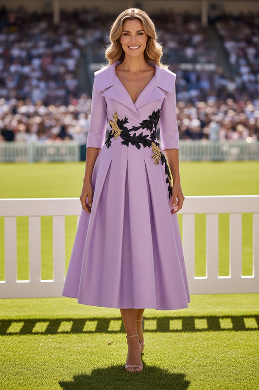 Portrait Collar Embroidered Midi Dress with 3/4 Sleeves