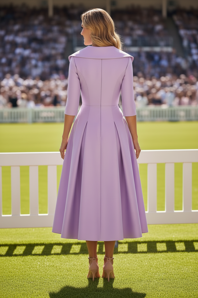 Portrait Collar Embroidered Midi Dress with 3/4 Sleeves