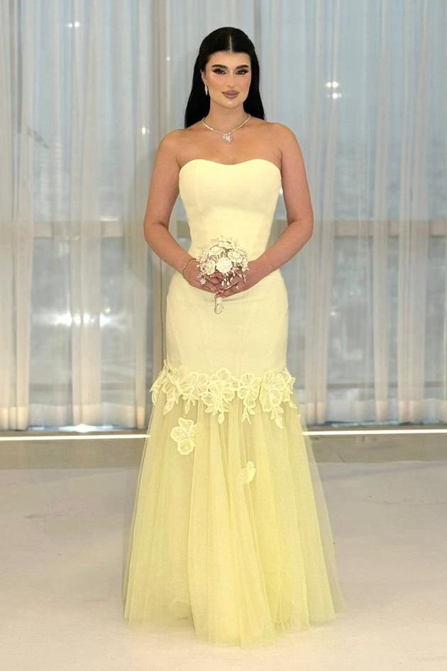 Strapless Mermaid Evening Gown with Lace Applique