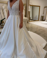 A-Line Satin Wedding Dress with Beaded Bodice and Bow