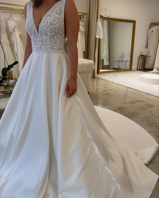 A-Line Satin Wedding Dress with Beaded Bodice and Bow