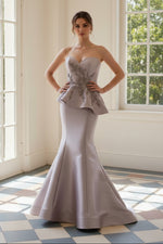 Strapless Peplum Mermaid Gown with Beaded Bodice
