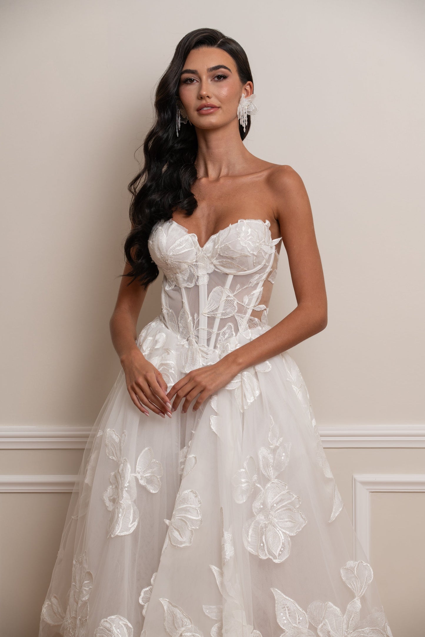 Strapless Corset A-Line Floral Lace Tea-Length Dress