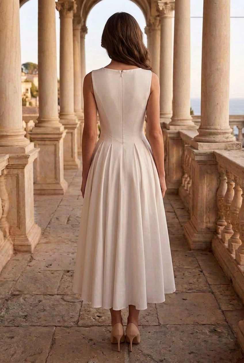 Plunging V-Neck Sleeveless A-Line Midi Dress