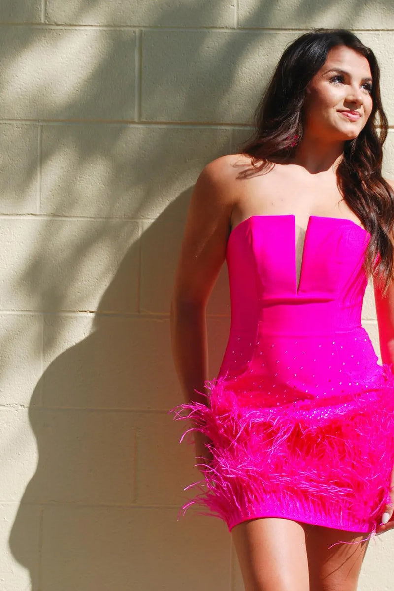 Strapless Plunging Neckline Feather Hem Mini Dress