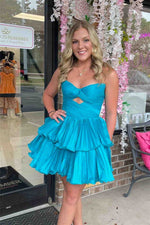 Strapless Pleated Tiered Mini Dress with Front Cut-Out