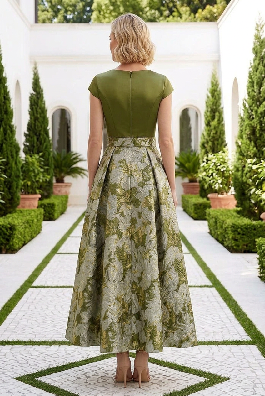 Bateau Neck Brocade A-Line Dress with Belt