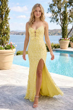 Floral Sequin Bow Front Gown with High Slit