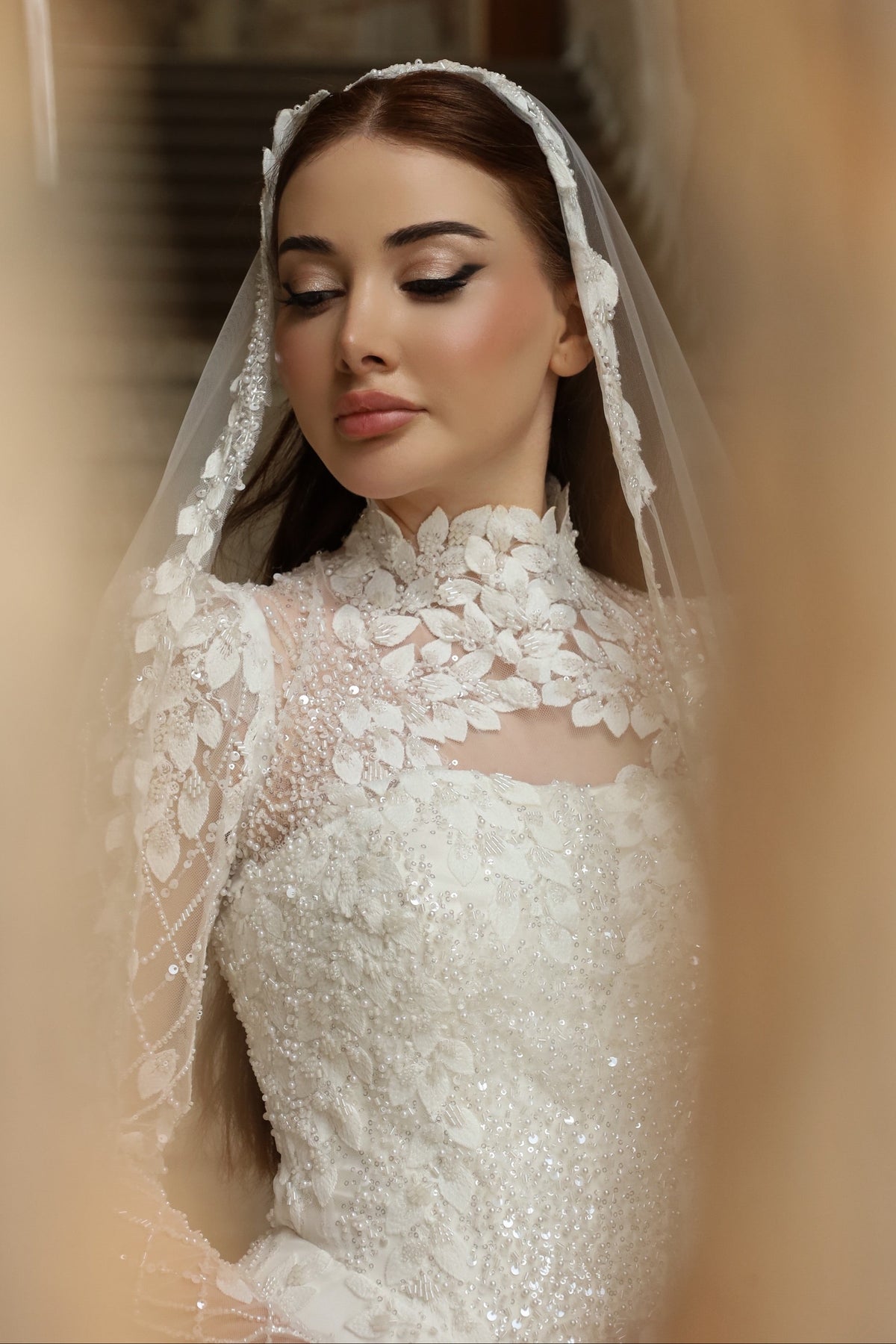 High-Neck Lace Wedding Dress with Long Sleeves