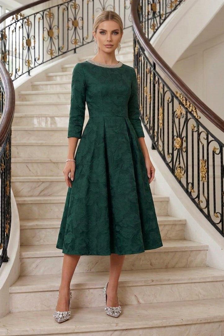 Beaded Neckline Jacquard Midi A-Line Dress