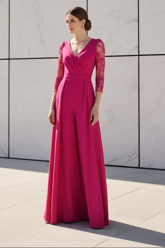 Elegant Wrap V-Neck Embroidered Sleeve Jumpsuit