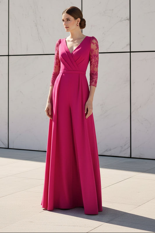 Elegant Wrap V-Neck Embroidered Sleeve Jumpsuit