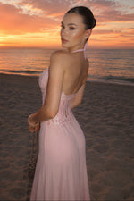 Halter Corset Chiffon Gown with Lace Appliques