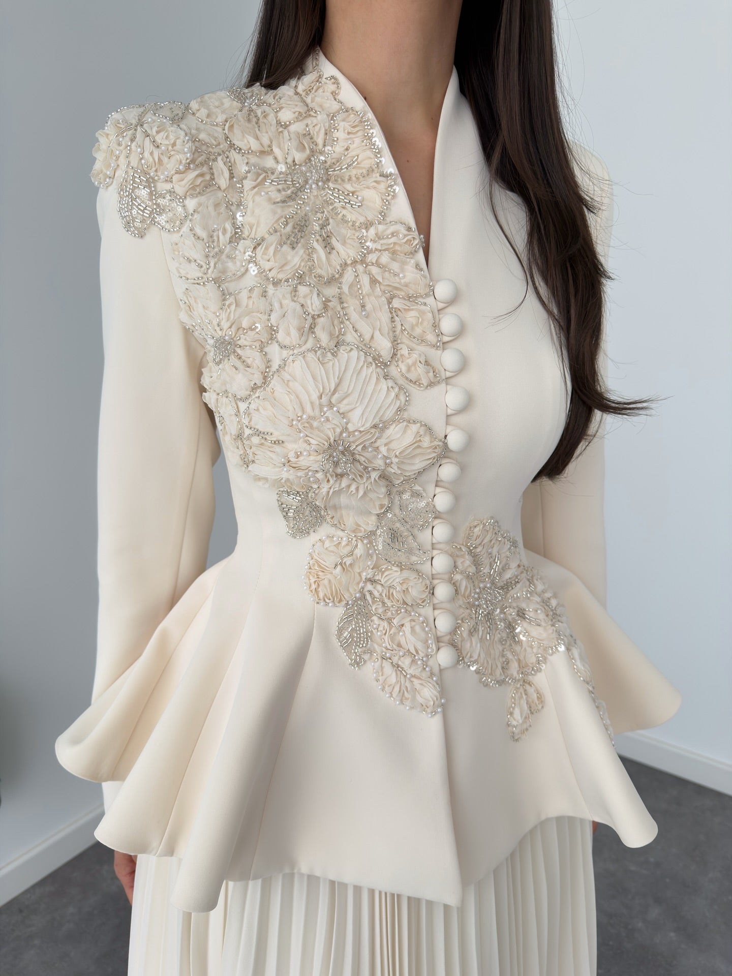 Two-Piece Floral Peplum Jacket & Pleated Skirt Set