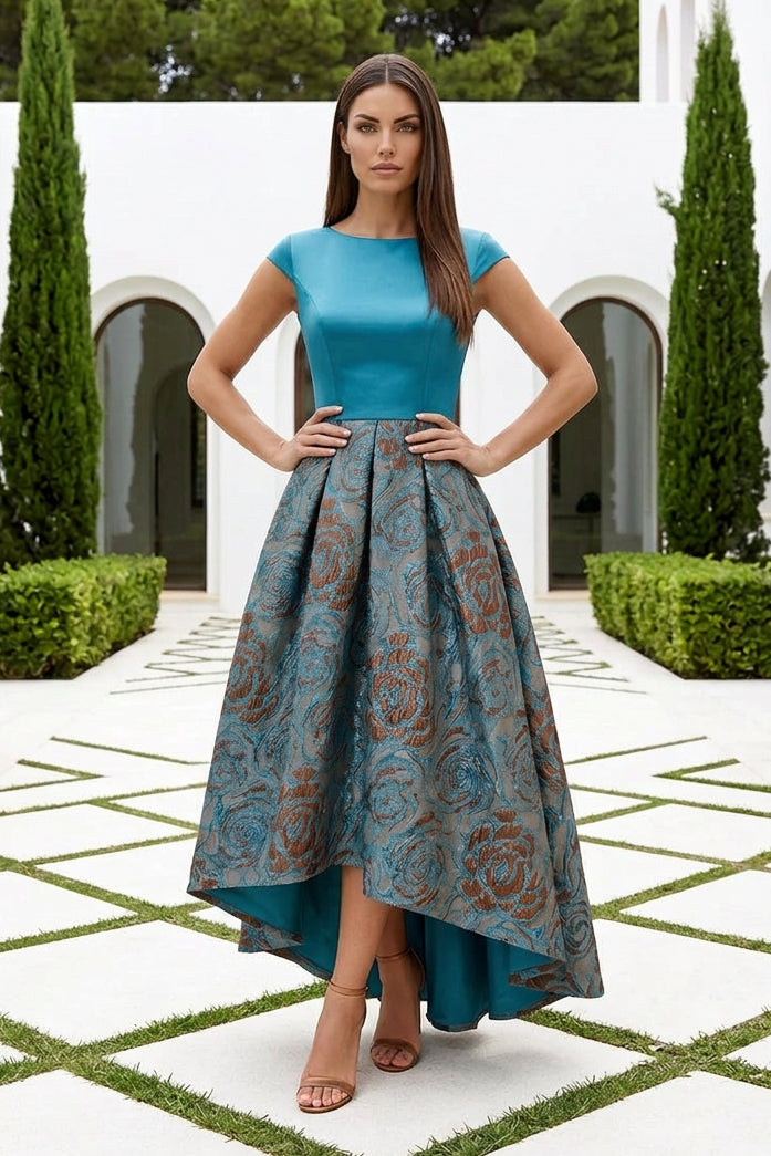 Bateau Neck High-Low Brocade Ball Gown