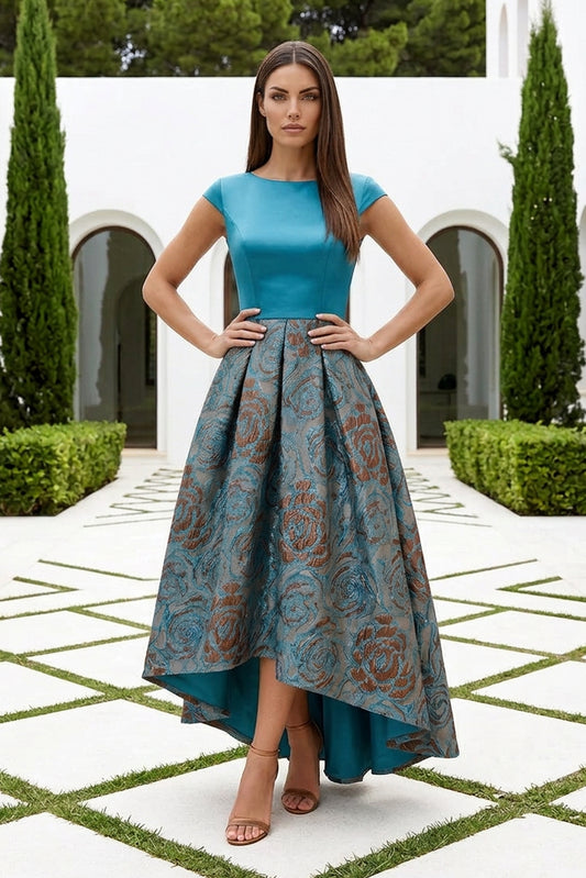 Bateau Neck High-Low Brocade Ball Gown