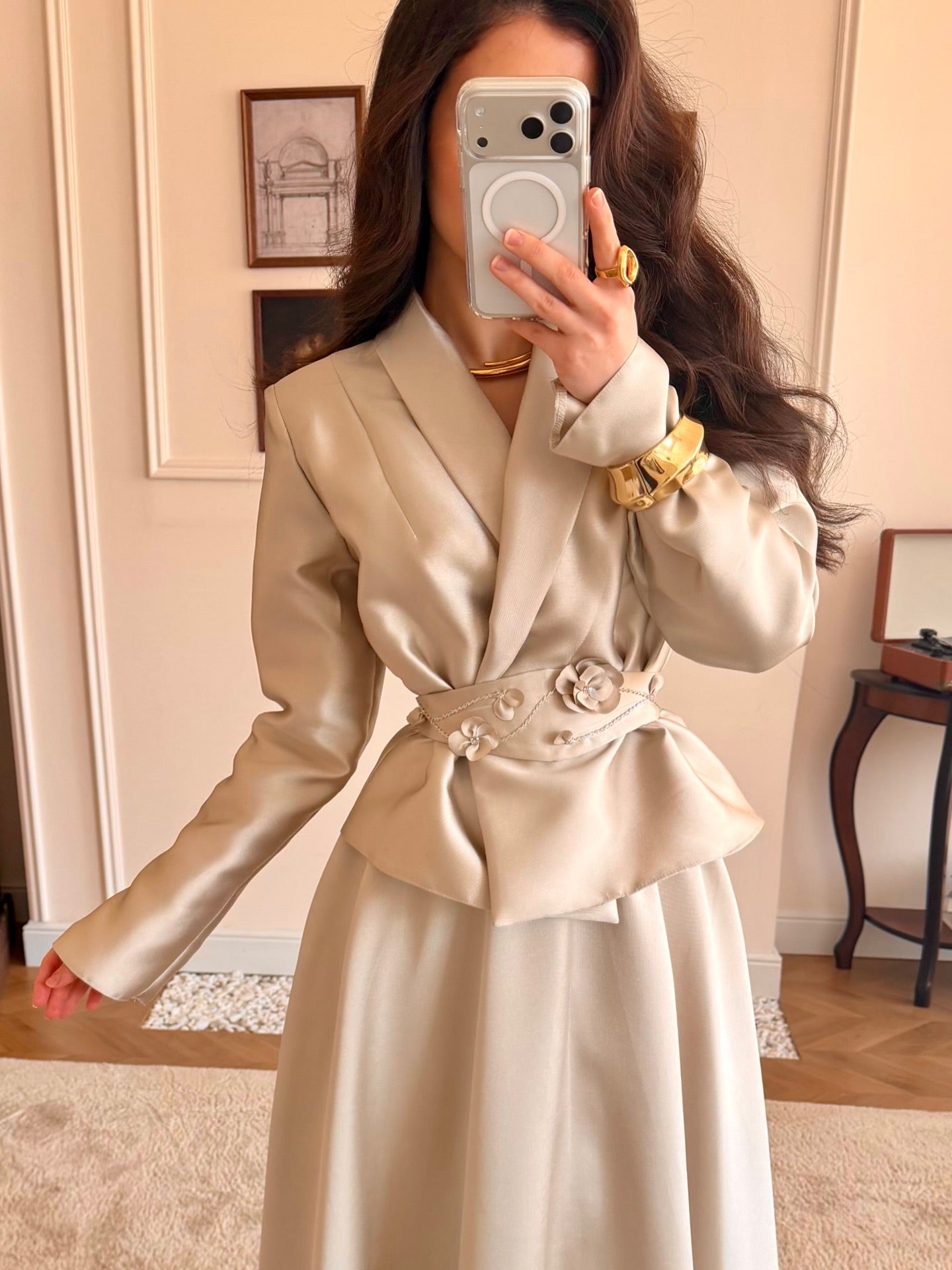 Satin Two-Piece Evening Skirt Set with 3D Flower Belt