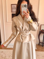 Satin Two-Piece Evening Skirt Set with 3D Flower Belt