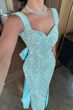 Embellished Column Gown with Bow and Train
