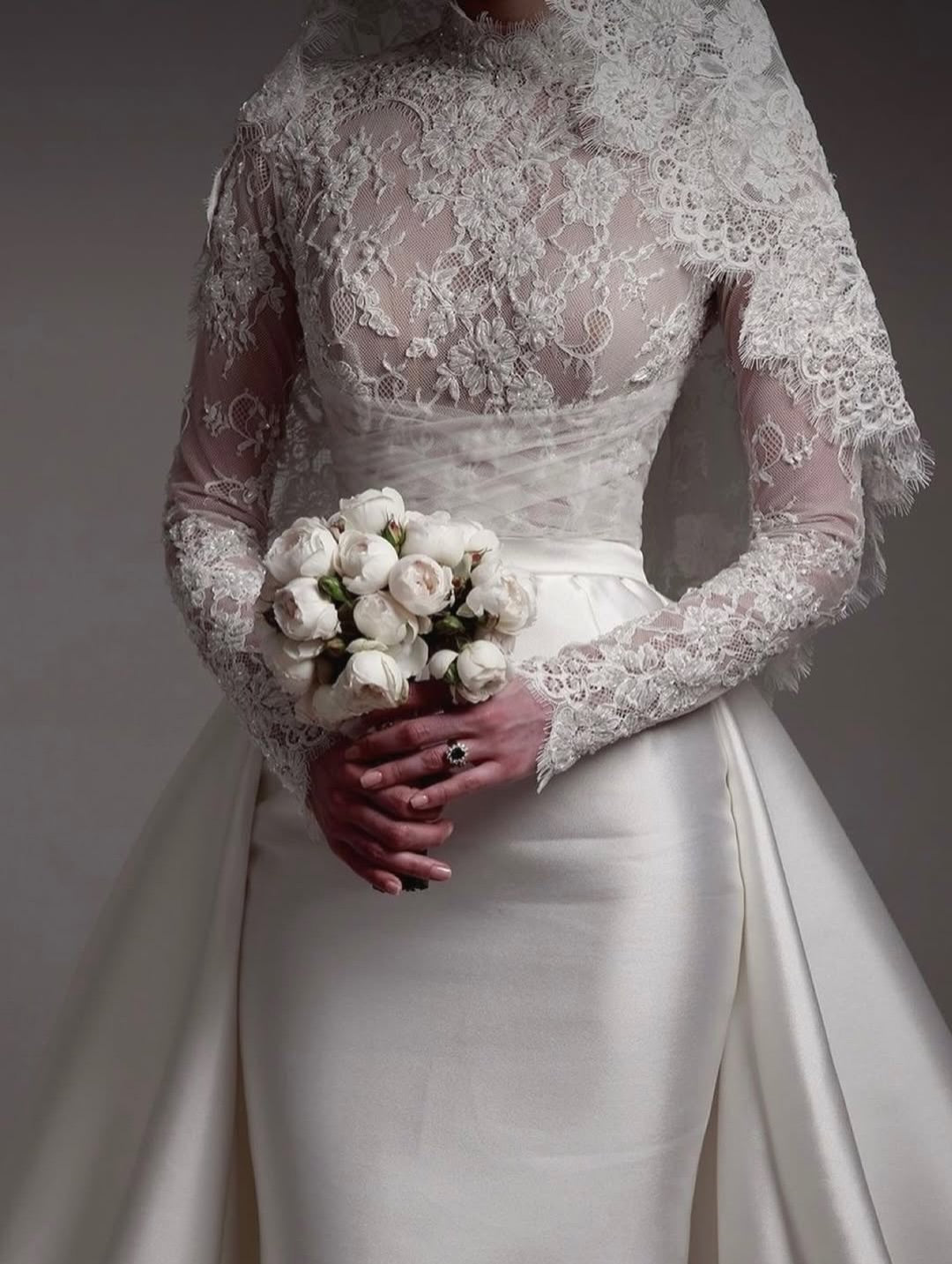 High-Neck Lace Wedding Dress with Detachable Overskirt