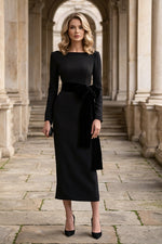 Bateau Long Sleeve Midi Dress with Velvet Bow Sash