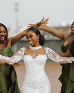 Mock Neck Lace Mermaid Wedding Dress with Long Sleeves