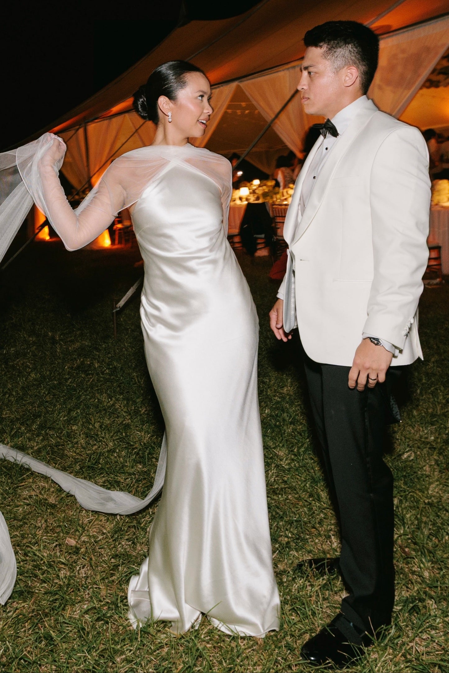 Low Back Satin Wedding Dress with Sheer Cape