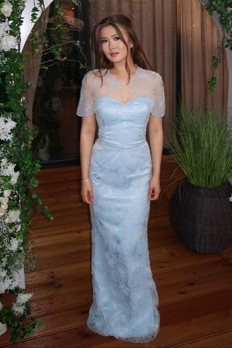 Beaded Lace Column Gown with Matching Capelet