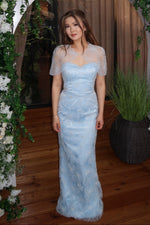 Beaded Lace Column Gown with Matching Capelet