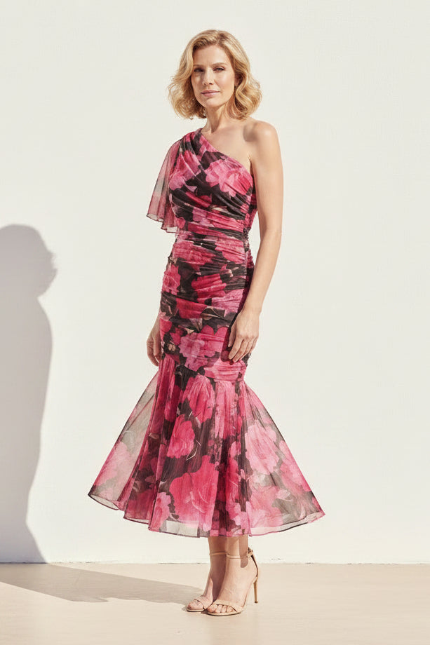 Floral One-Shoulder Ruched Mermaid Midi Dress