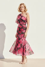 Floral One-Shoulder Ruched Mermaid Midi Dress