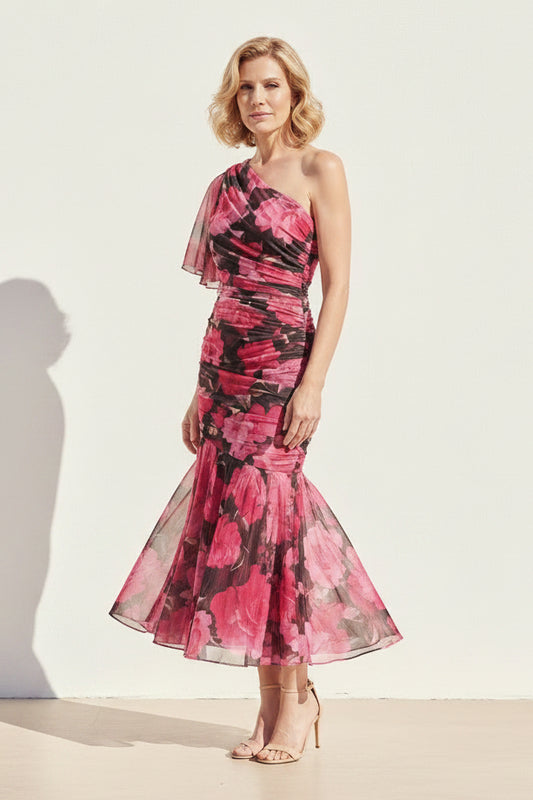 Floral One-Shoulder Ruched Mermaid Midi Dress