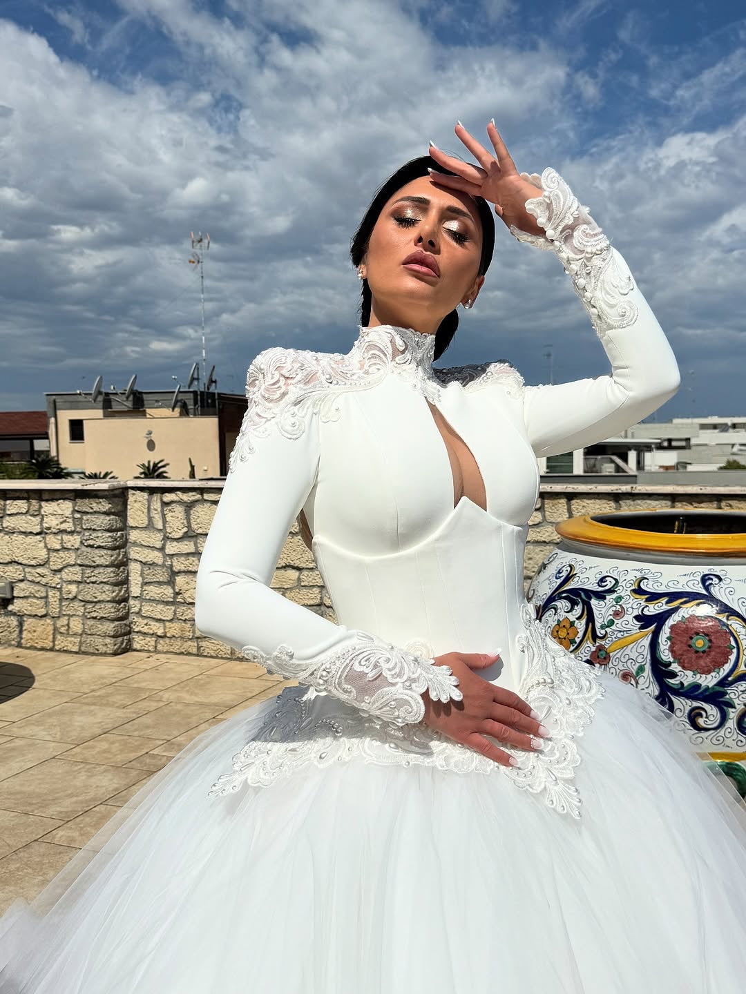 High Neck Lace Long Sleeve Ball Gown Wedding Dress
